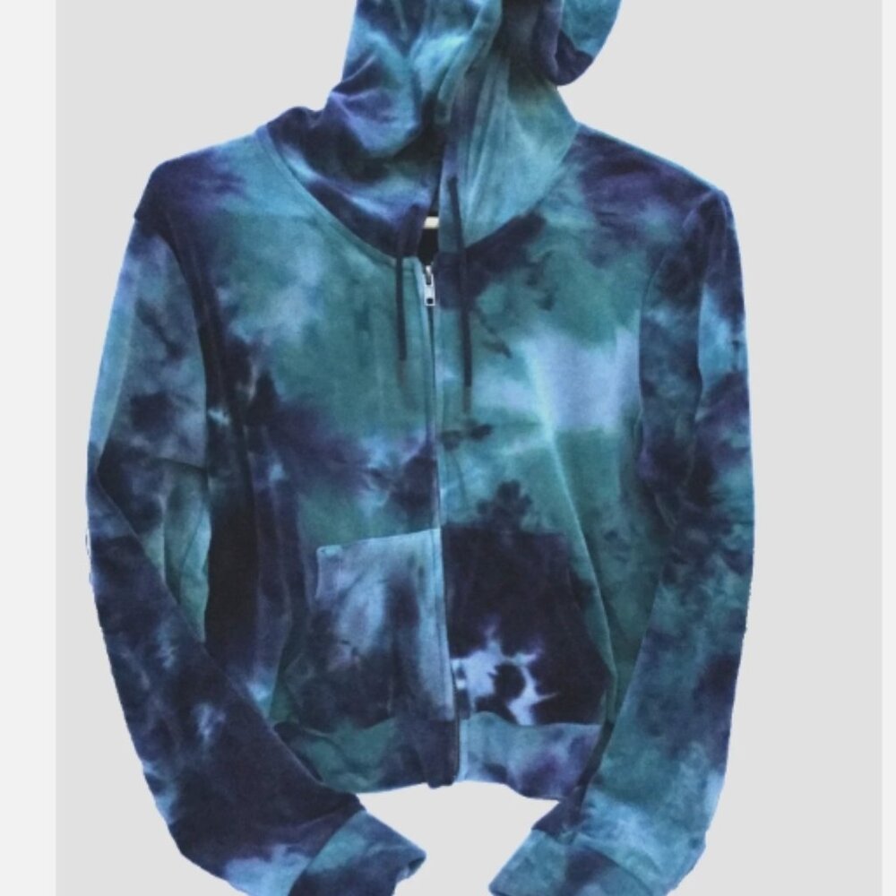 Cozie by Pink Rose Women Size L Short Hoodie Jacket Full Zip Velour Green Navy